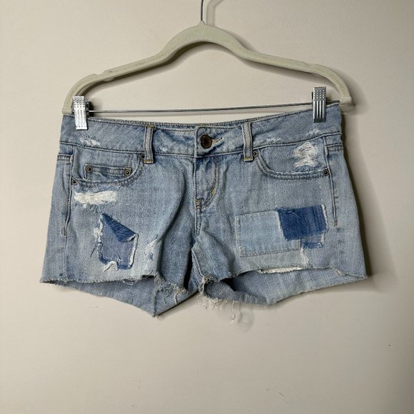American Eagle Light Blue Patchwork Denim Shorts Women's 4 - Picture 1 of 4